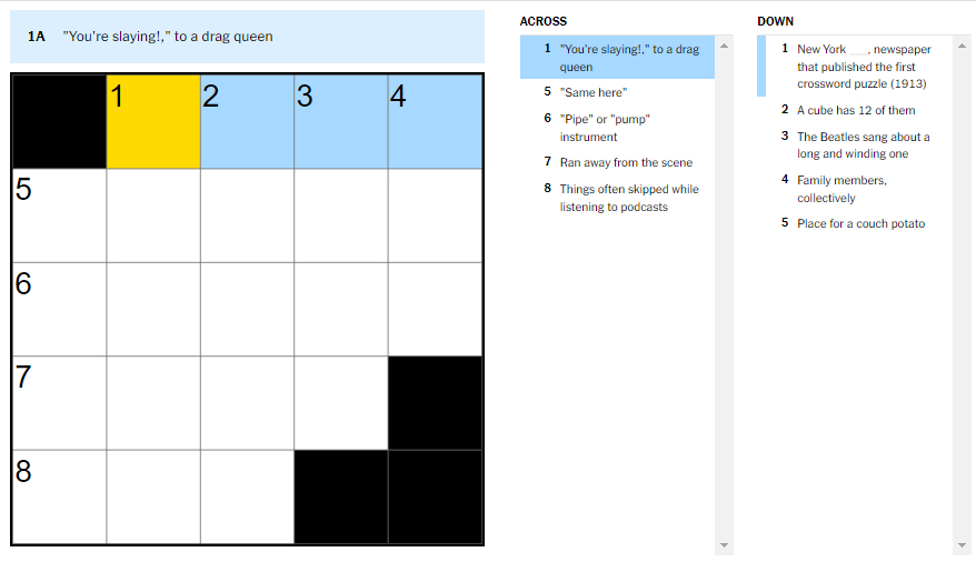 Picture showing the You're slaying! to a drag queen clue in NYT Mini Crossword