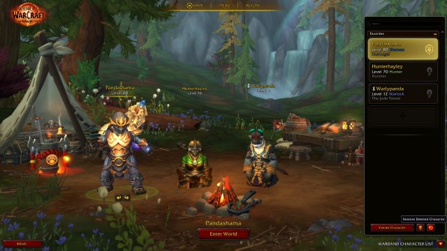 three pandas sitting around a fire in wow's homescreen