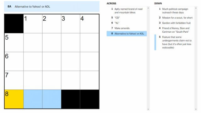 The Alternative to Yahoo! or AOL clue on the NYT Mini Crossword.