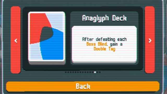 The Anaglyph Deck in Balatro with abstract red and blue shapes on its back.