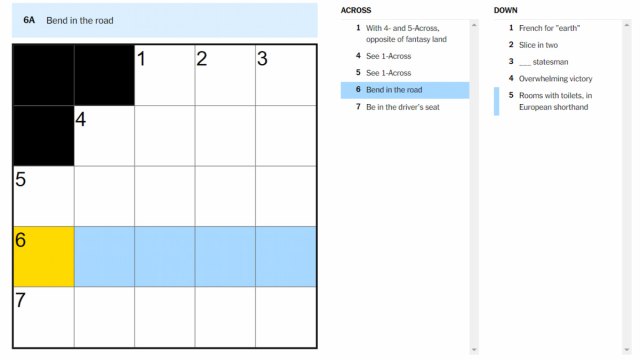 The Bend in the road clue on the NYT Mini Crossword.