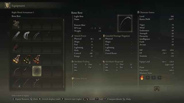 Bone Bow stats and details in Elden Ring.