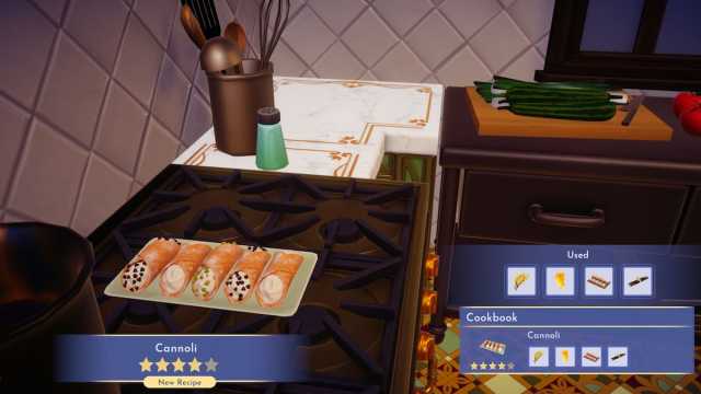 A freshly cooked Cannoli sitting on a stove in Disney Dreamlight Valley.