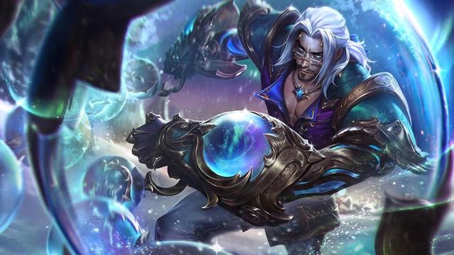 Winterbless Sylas casts a purple and blue coloured spell while trying to break out of a Christmas globe