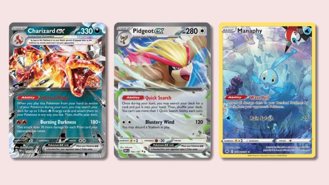 Charizard, Pidgeot, and Manaphy Pokemon cards.