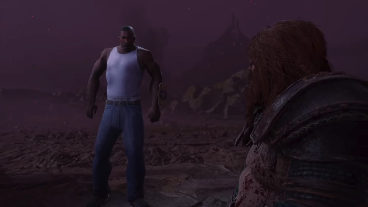 Carl Johnson from Grand Theft Auto: San Andreas facing Thor.