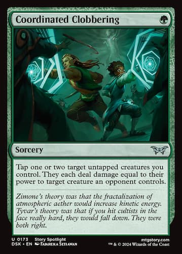 Two Legendaries fighting evil spirits with blue and green magic in Duskmourn MTG set