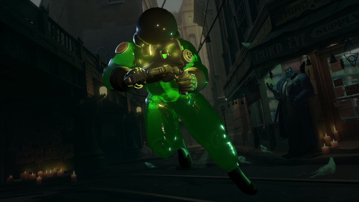 Viscous, a green goo-like hero, stands ready to fight while holding a gun in Deadlock.