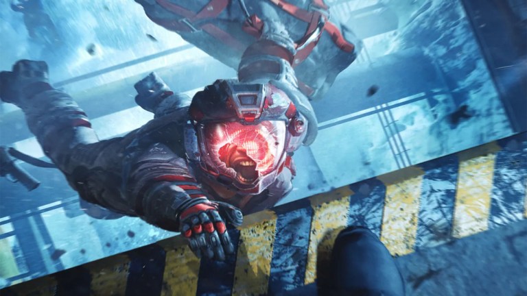 A character from DEADROP with a broken visor screams as they hold onto a ledge of a building.