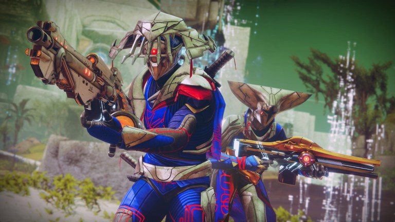 Two guardians in Echoes armor wield new weapons while fighting in Nessus in Destiny 2.