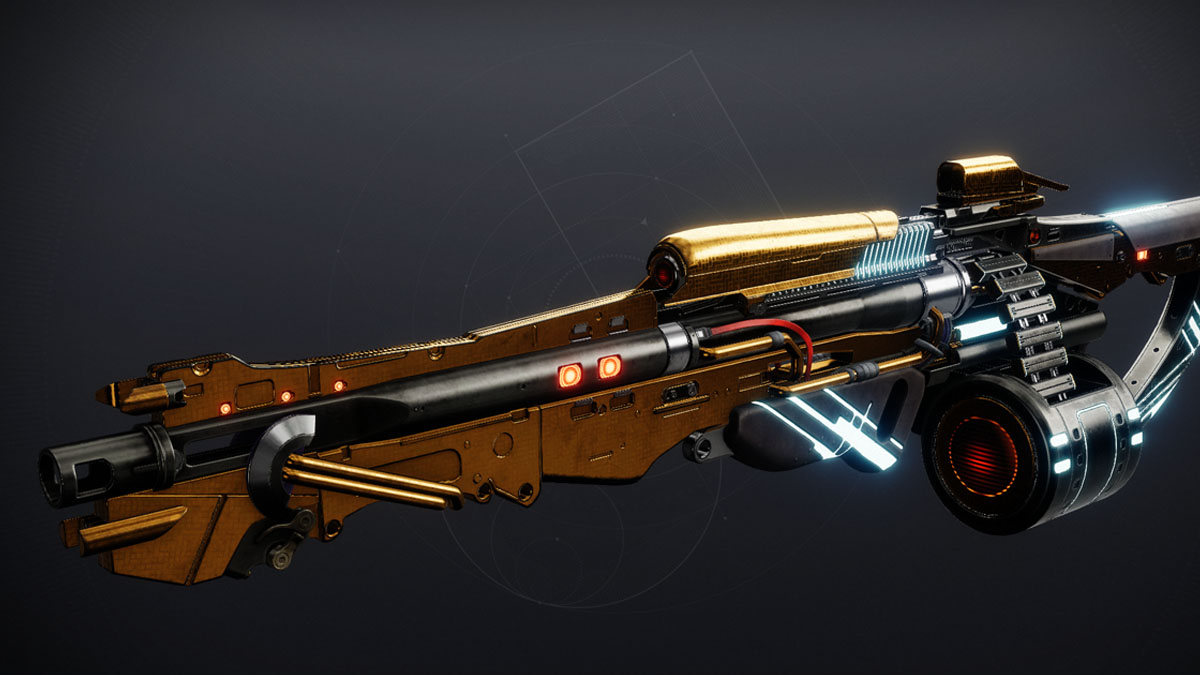 A bronze and yellow large machine gun, the Speleologist, in Destiny 2.