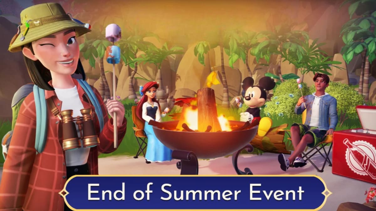 Some players gathered around a bonfire with Ariel and Mickey in Disney Dreamlight Valley.