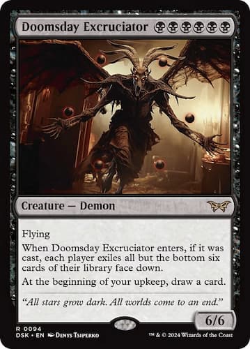 Demon with wings and four horns in black flying in a huanted room with magic orbs around it through MTG Duskmourn set