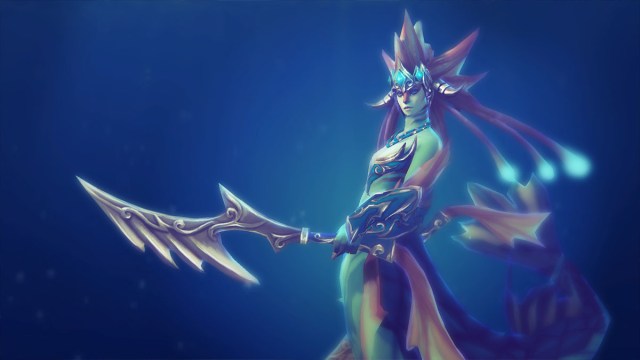 Naga Siren, a fish-mermaid, holds two swords and prepares for battle in Dota 2.