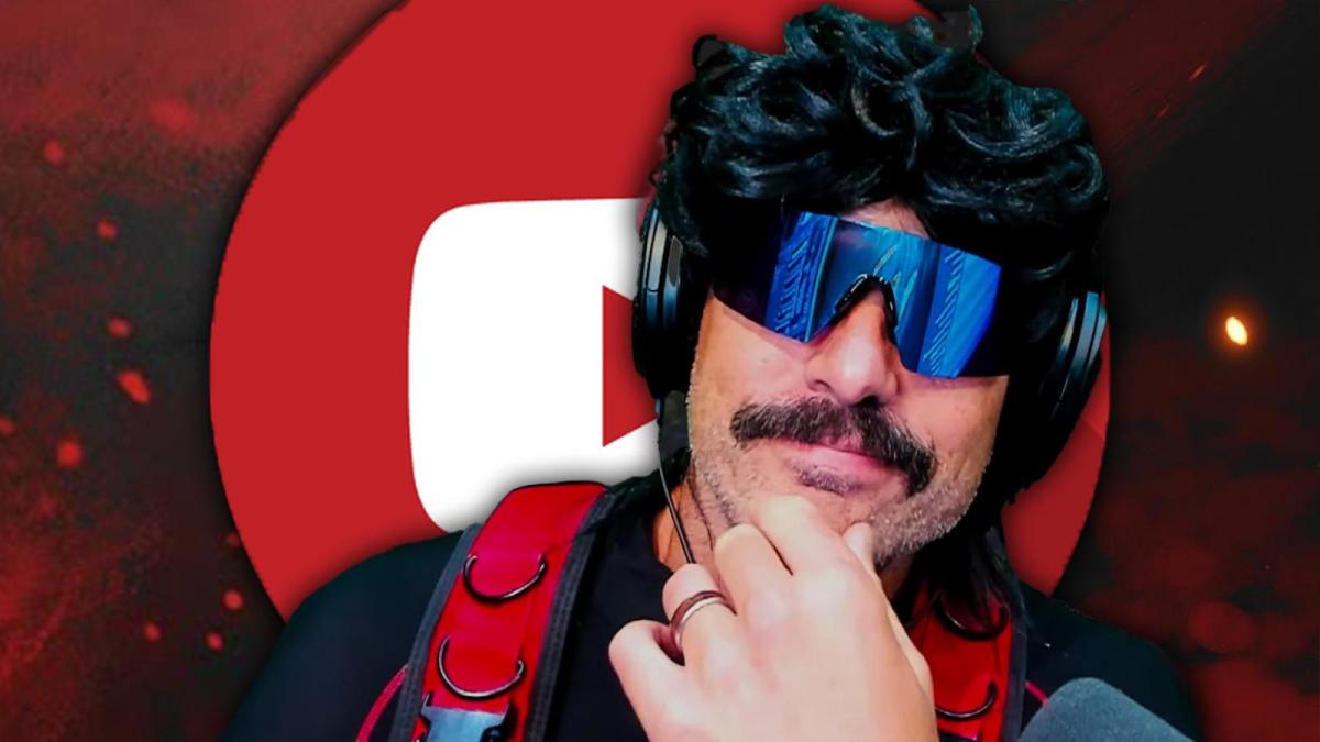 Dr Disrespect, dressed in black sunglasses, a wig, and a red and black vest, rubs his chin in front of a huge YouTube logo