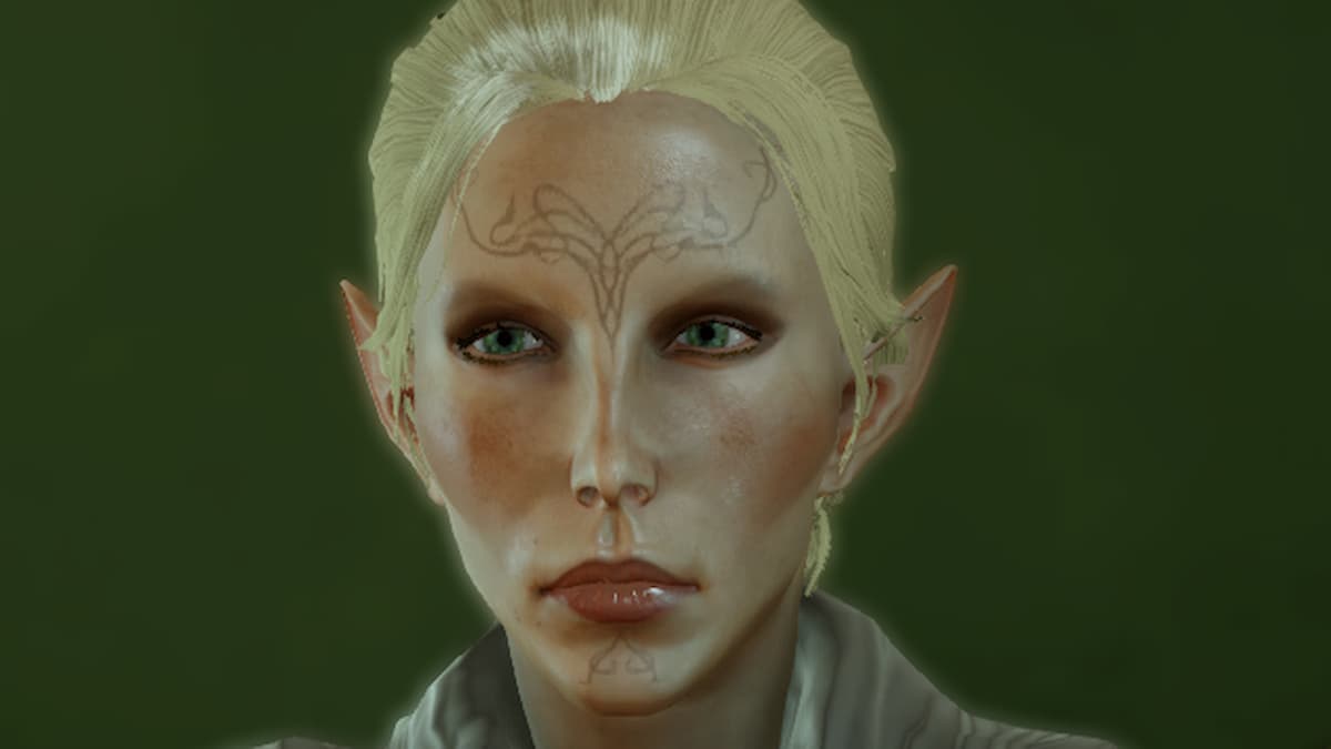 Velanna made in Dragon Age: Inquisition. A blond elf with light skin and green eyes.