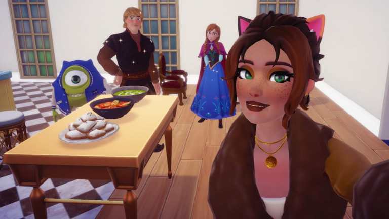 Taking a picture with Mike, Kristoff, and Anna with their Dreamlight Gastronomy dishes in Disney Dreamlight Valley.