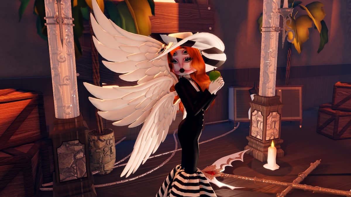 A player dressed in a Surrealism inspired outfit looking back over their shoulder in Dress to Impress.