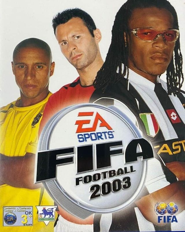 Roberto Carlos, Ryan Giggs, and Edgar Davids on the cover of FIFA 03