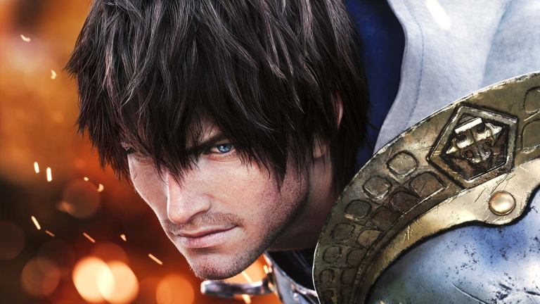 A dark-haired man in armor grimaces in the foreground of a flaming battlefield. Promotional trailer image for Final Fantasy XIV Endwalker