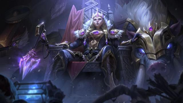 Sejuani from League of Legends sits on an icy throne in gold and purple armor. Her iconic boar, Bristle, sits resting to her left with its own gold armor on.