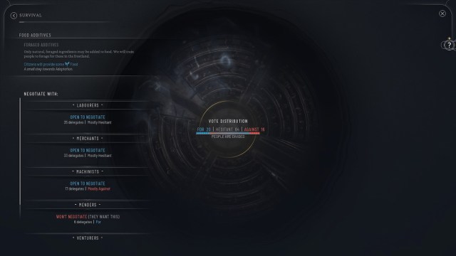 Vote negotiation screen in Frostpunk 2