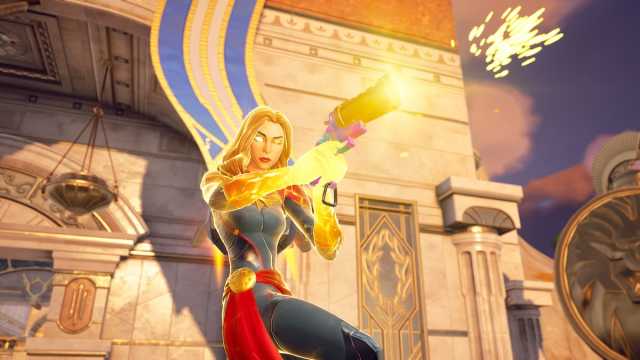 Captain Marvel shooting a Firework Flare Gun in Fortnite.