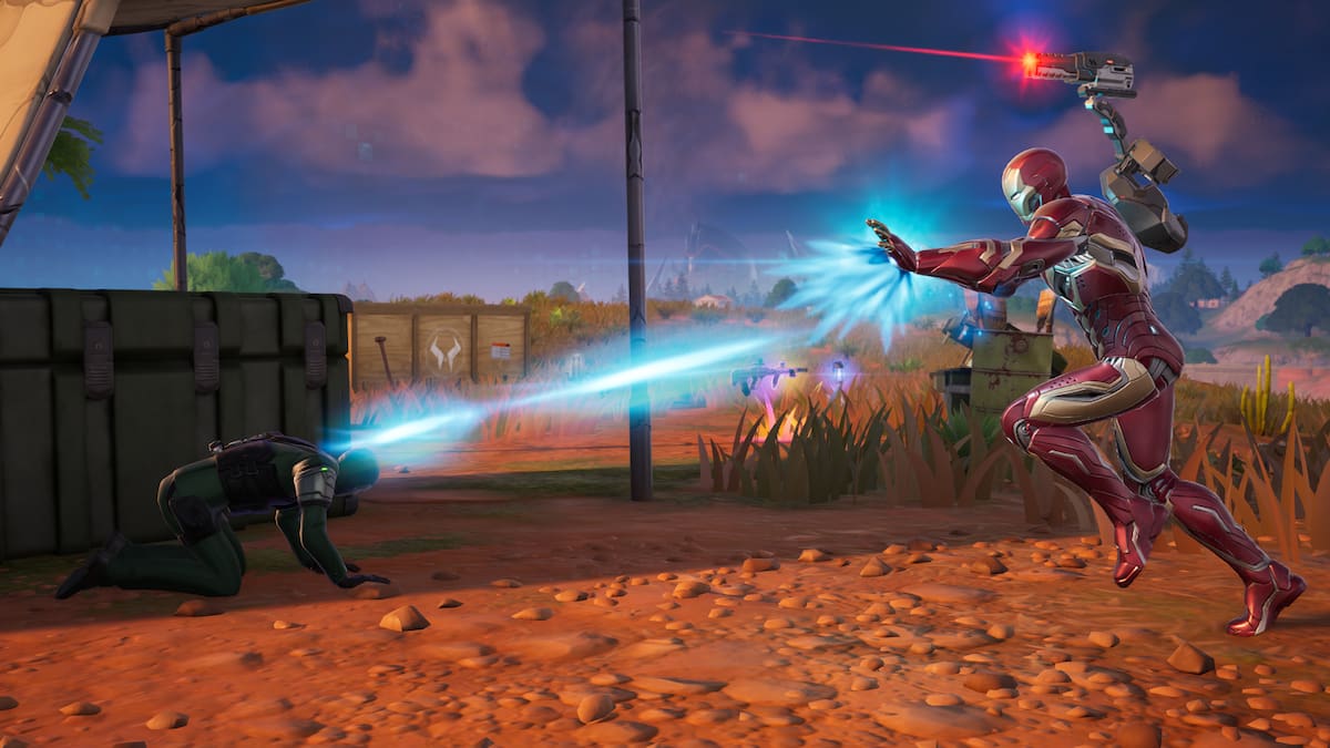 Iron Man defeating a Doom Henchman in Fortnite.