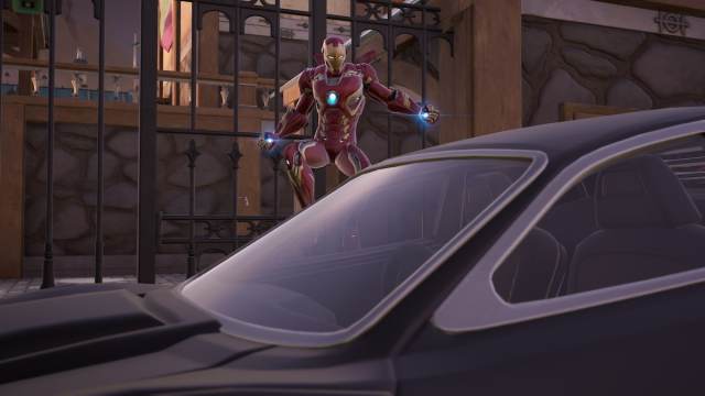 Iron Man jumping by a car in Fortnite.