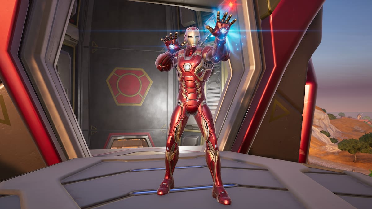 Iron Man standing at a Stark Mobile Armory in Fortnite.