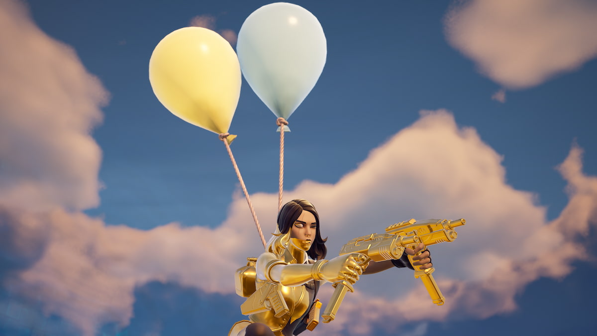 Marigold flying with Balloons in Fortnite.