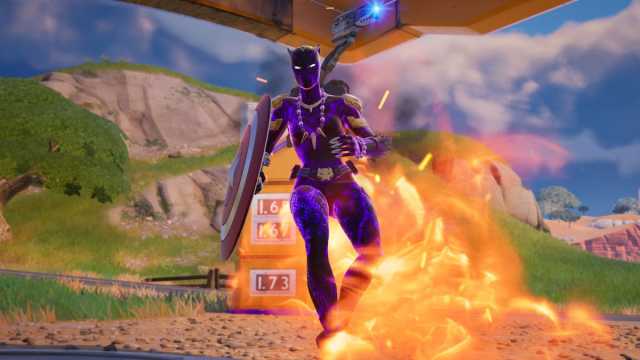 Shuri running through fire in Fortnite.