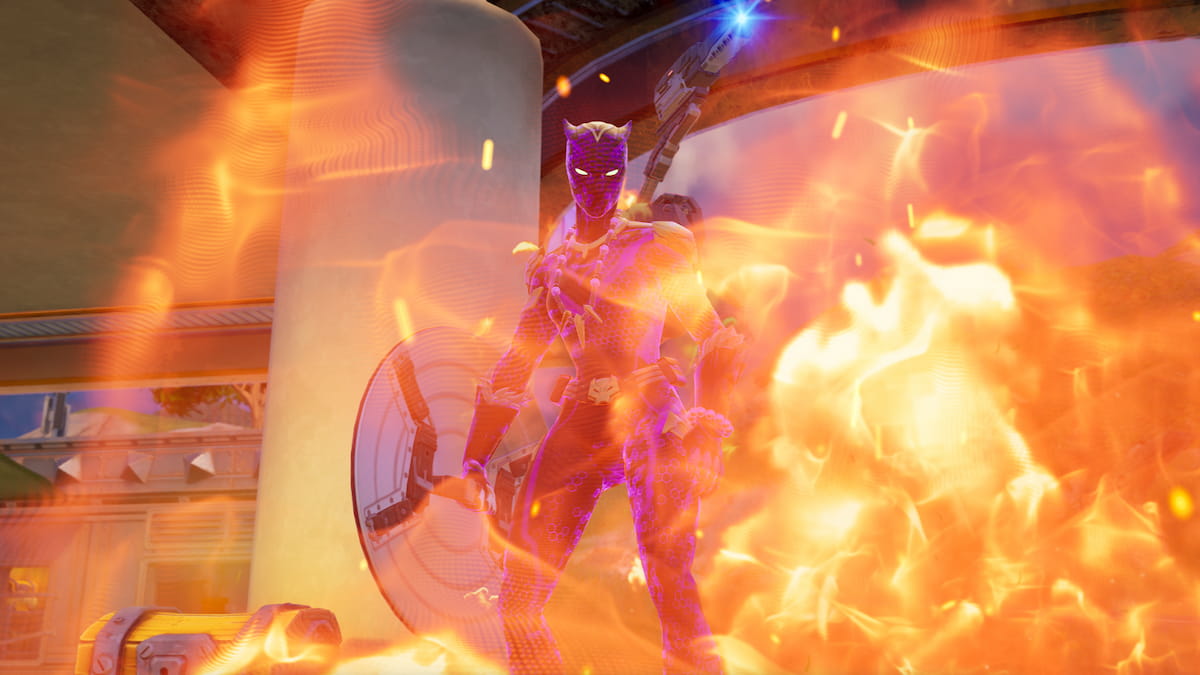 Shuri standing in fire in Fortnite.