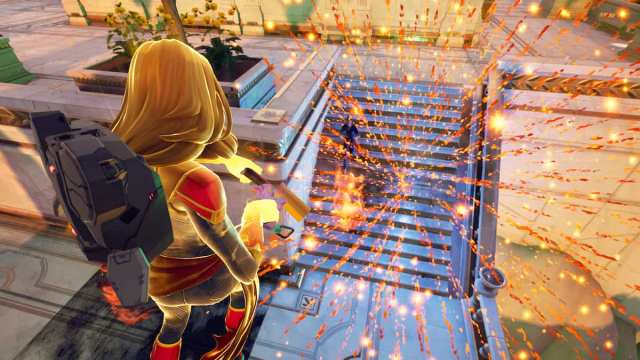 Captain Marvel using the Firework Flare Gun against an enemy in Fortnite.