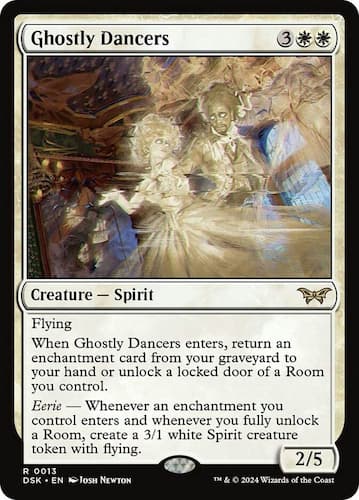 Two ghosts, one male and one female in fancy clothes dancing on ballroom floor in Duskmourn MTG set