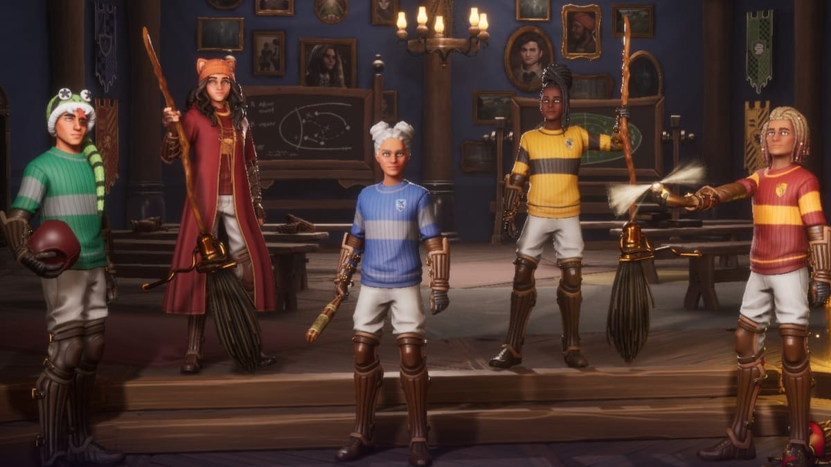 A team of players standing holding brooms, bats, and other gear in Harry Potter Quidditch Champions.