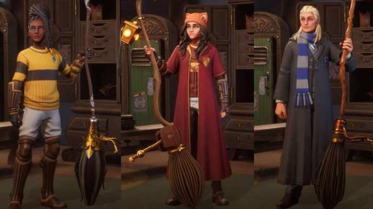 Three players holding different brooms in Harry Potter Quidditch Champions.