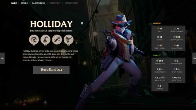 The hero Holliday from Deadlock wearing 1920s style clothes but with a western twist. She also has a revolver and cowboy boots.