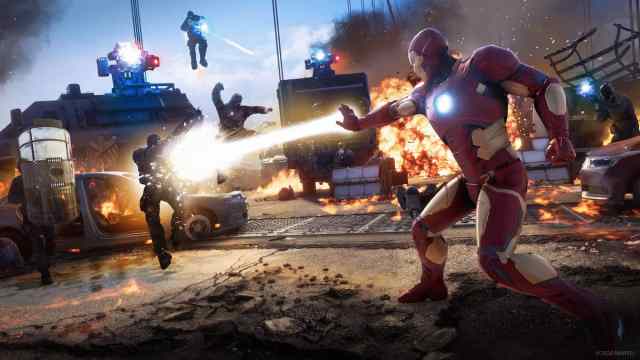 Iron Man blasting enemies in Marvel's Avengers