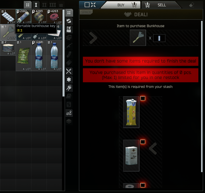 A screenshot of the barter trade screen for the Portable bunkhouse key in Escape from Tarkov.