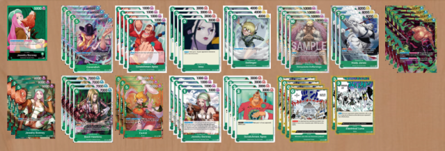 An example decklist build for the Green Jewelry Bonney midrange deck being played in the OP08 metagame.