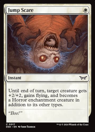 A bald moster with red eyes and white face and hair hanging upsidedown and yelling with claws extended in Duskmourn MTG set