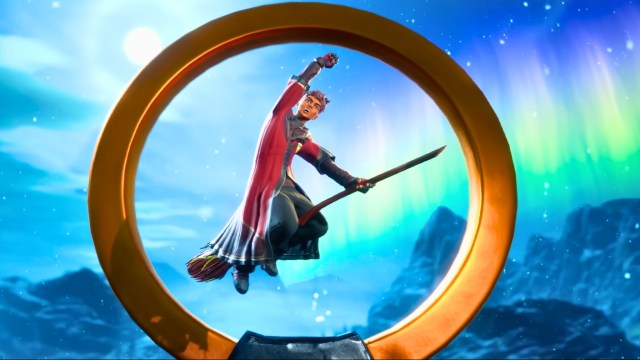 A player throwing their fist in the air in front of a hoop in quidditch champions