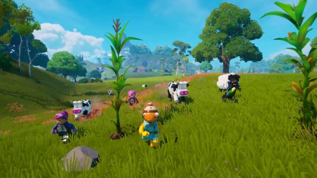 Lego Fortnite Lost Isles update release countdown: Fishsticks and several other loopers are herding some cows across a field.