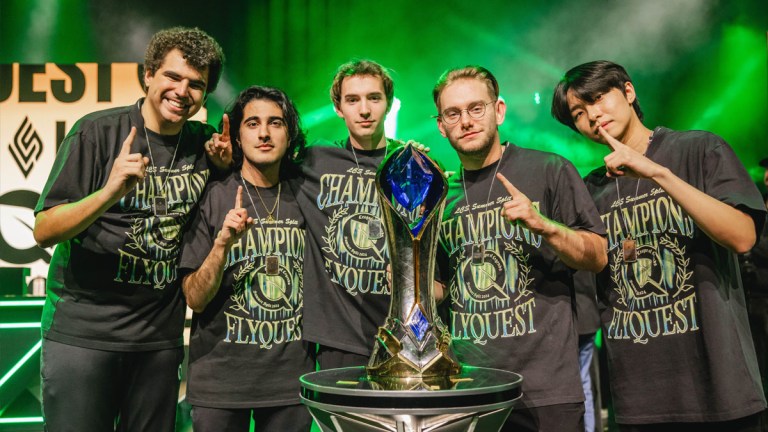 FlyQuest stand around the LCS trophy following their 2024 Summer Championship victory.