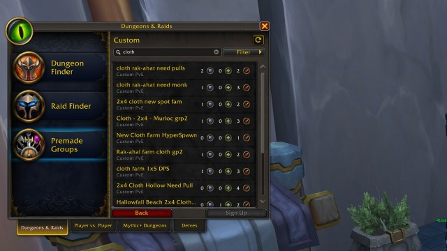 The looking for group custom section that has been searched for cloth in wow the war within