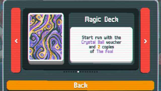 A screen showing a purple deck of cards with strange art on it in Balatro.