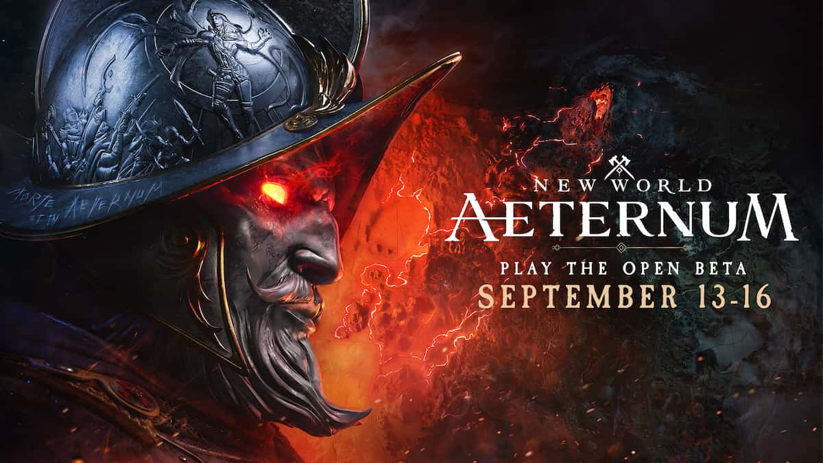 New World Aeternum beta screen, featuring an iron helmet and mask with a long, point goatee curling upwards.