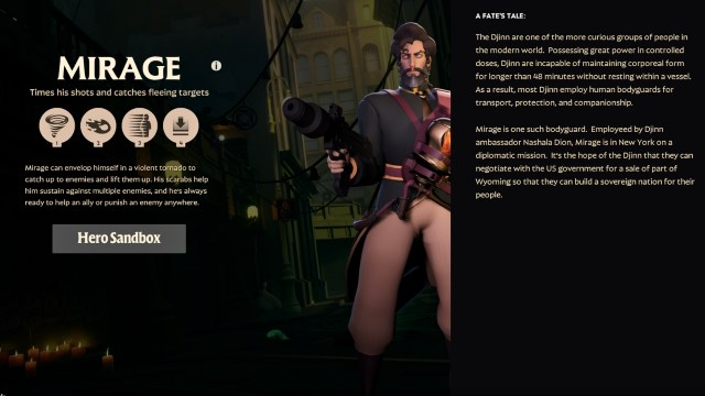 An image of Mirage alongside his abilities and backstory overview