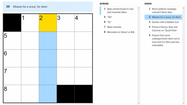 The Mission for a scout, for short clue highlighted on the NYT Mini Crossword.